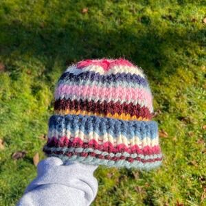 Hand‑Knit Patchwork Chunky Beanie (Unisex)